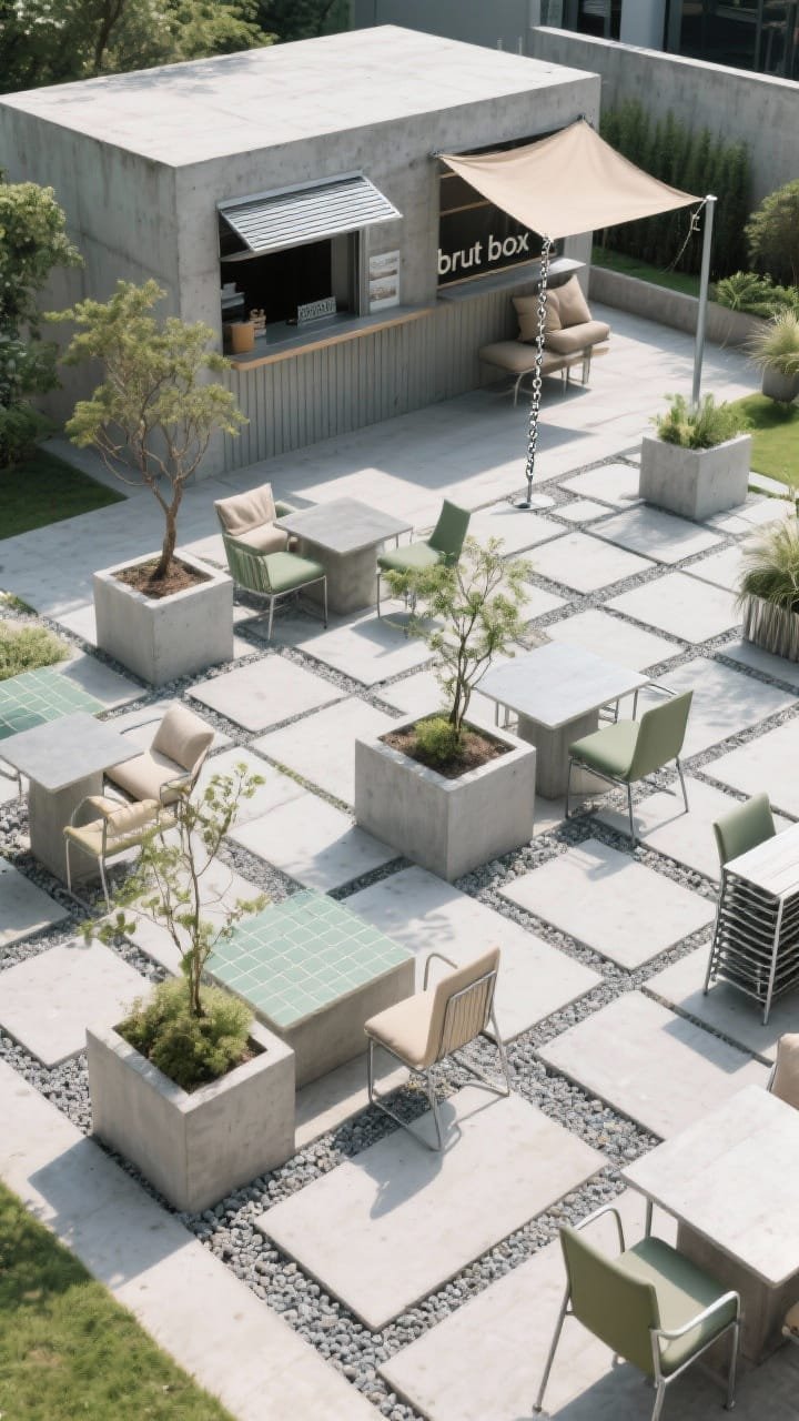Photorealistic overhead shot of a Brutalist garden grid: a precise matrix of light gray concrete plinths&mdash;some as planters with small trees, others as seating or table bases&mdash;interlaced with gravel and geometric stepping stones; portable chamfered-edge table slabs slotted onto plinths; stackable steel-framed chairs in muted olive and sand; soft sage ceramic tile accents and raw linen cushions; a compact &ldquo;brut box&rdquo; coffee kiosk with fluted fiber-cement cladding and a fold-up steel service window; moveable shade sails clipped to powder-coated posts and rain chains feeding planters; playful yet disciplined atmosphere under bright daylight.