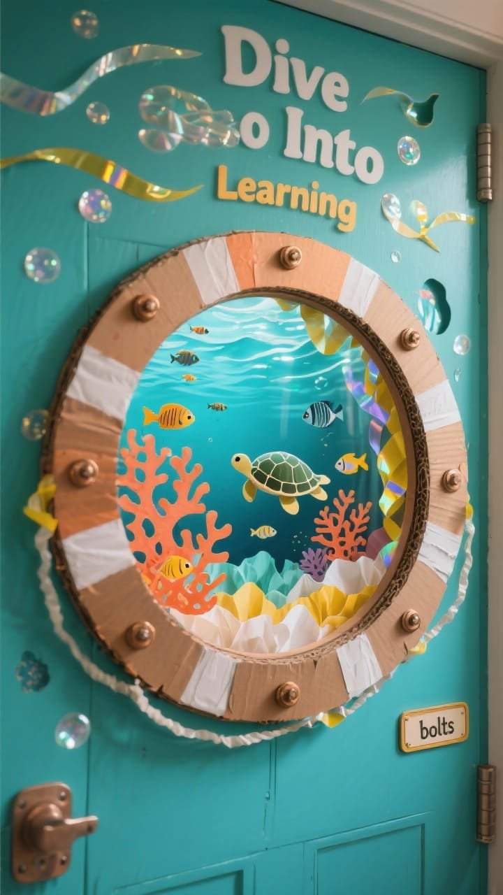 Photorealistic, slightly angled closeup of the submarine porthole on a turquoise-wrapped door: large circular frame built from layered cardboard painted bronze with visible brad fastener &ldquo;bolts&rdquo;; inside the window, an underwater scene with layered tissue paper waves, paper coral in coral/orange hues, shoals of fish, a friendly sea turtle, and iridescent cellophane ribbons drifting; bubble cut-outs rising toward the top; wavy lettering nearby reading &ldquo;Dive Into Learning&rdquo;; life preserver name tags visible along the edge; palette of aqua, teal, coral, sunshine yellow, pearl white; shimmering highlights to emphasize cellophane and watery depth.