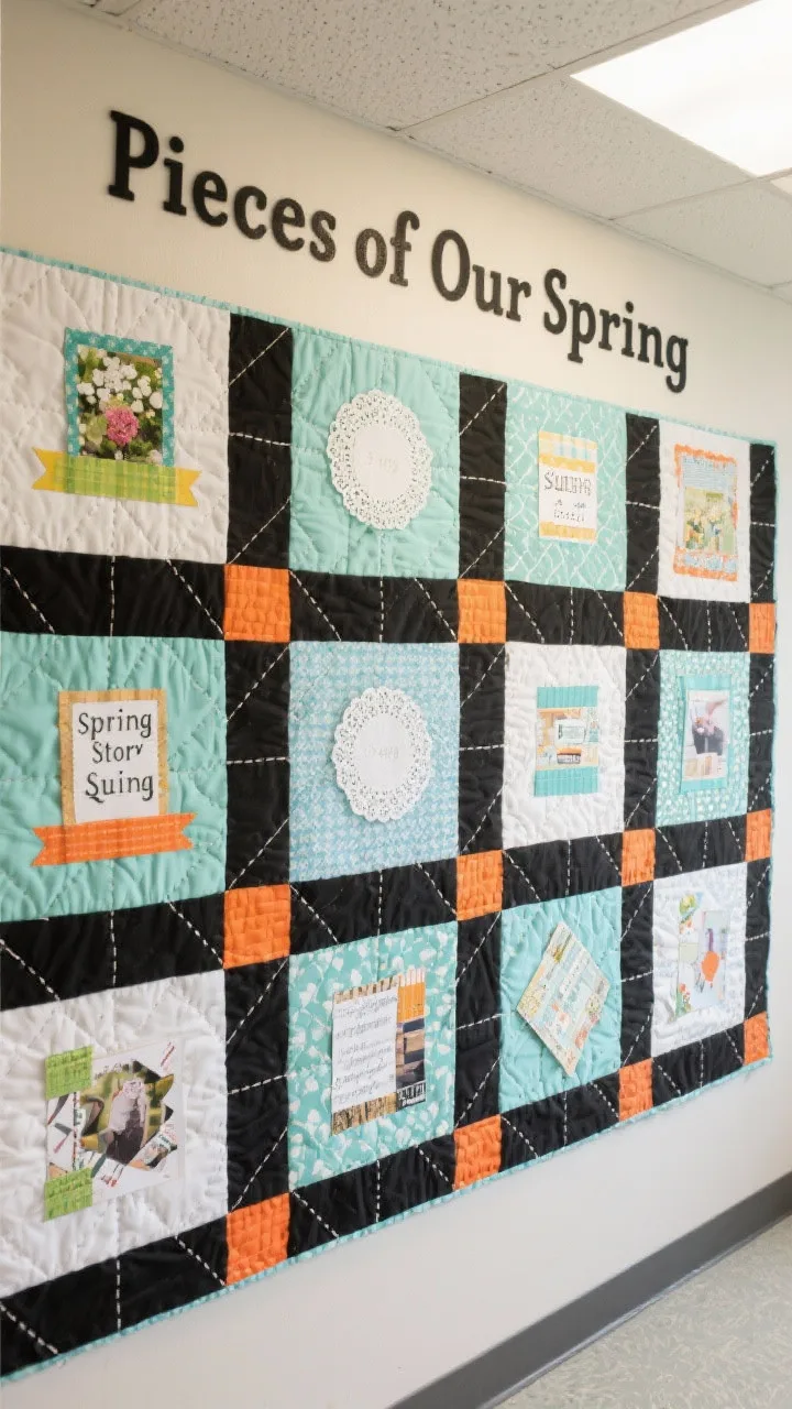 Photorealistic straight-on detail shot of a &ldquo;Spring Story Quilt&rdquo; wall: neat rows of 6x6 patchwork panels with 1-inch black sashing strips, controlled palette of mint, tangerine, periwinkle, and white; each square follows the rule of one pattern, one focal image, and one word/phrase, using foam stamps, washi tape, doilies, scrapbook paper, and magazine clippings; fine white gel-pen &ldquo;stitching&rdquo; lines along the sashing for a quilted effect; title &ldquo;Pieces of Our Spring&rdquo; at the top; bold, graphic look under even classroom lighting.