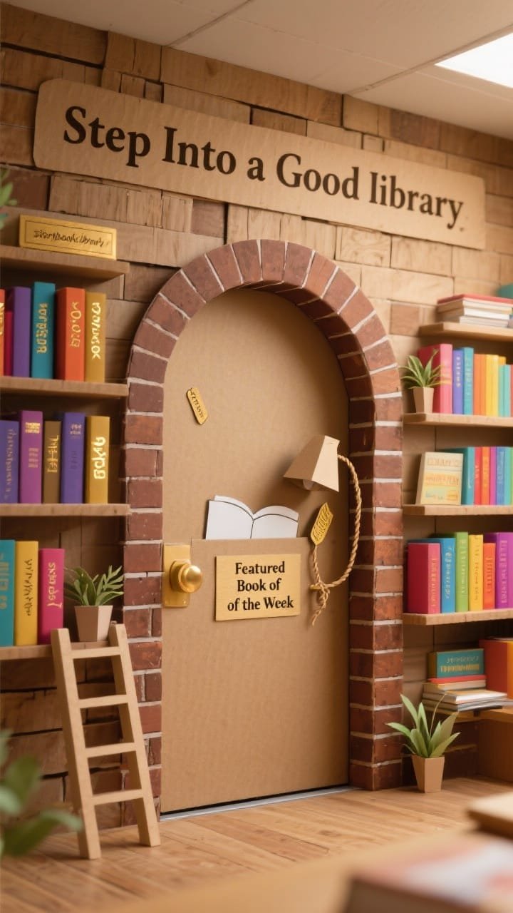 Photorealistic, straight-on medium shot of a classroom door transformed into a cozy &ldquo;storybook library&rdquo; scene: kraft paper wood-look backdrop with layered paper planks creating dimensional shelves, rainbow-hued book spines with metallic gold-foil title labels and hand-lettered author names, a faux brick-pattern paper archway framing the door, tiny paper plants tucked into corners, a mini paper reading lamp cut-out, twine bookmarks peeking from spines, a tiny paper ladder leaning on a shelf, and a &ldquo;Featured Book of the Week&rdquo; pocket; header reads &ldquo;Step Into a Good Story&rdquo; in bold serif letters; warm browns and jewel tones with metallic gold accents; soft, warm ambient lighting to enhance paper textures.