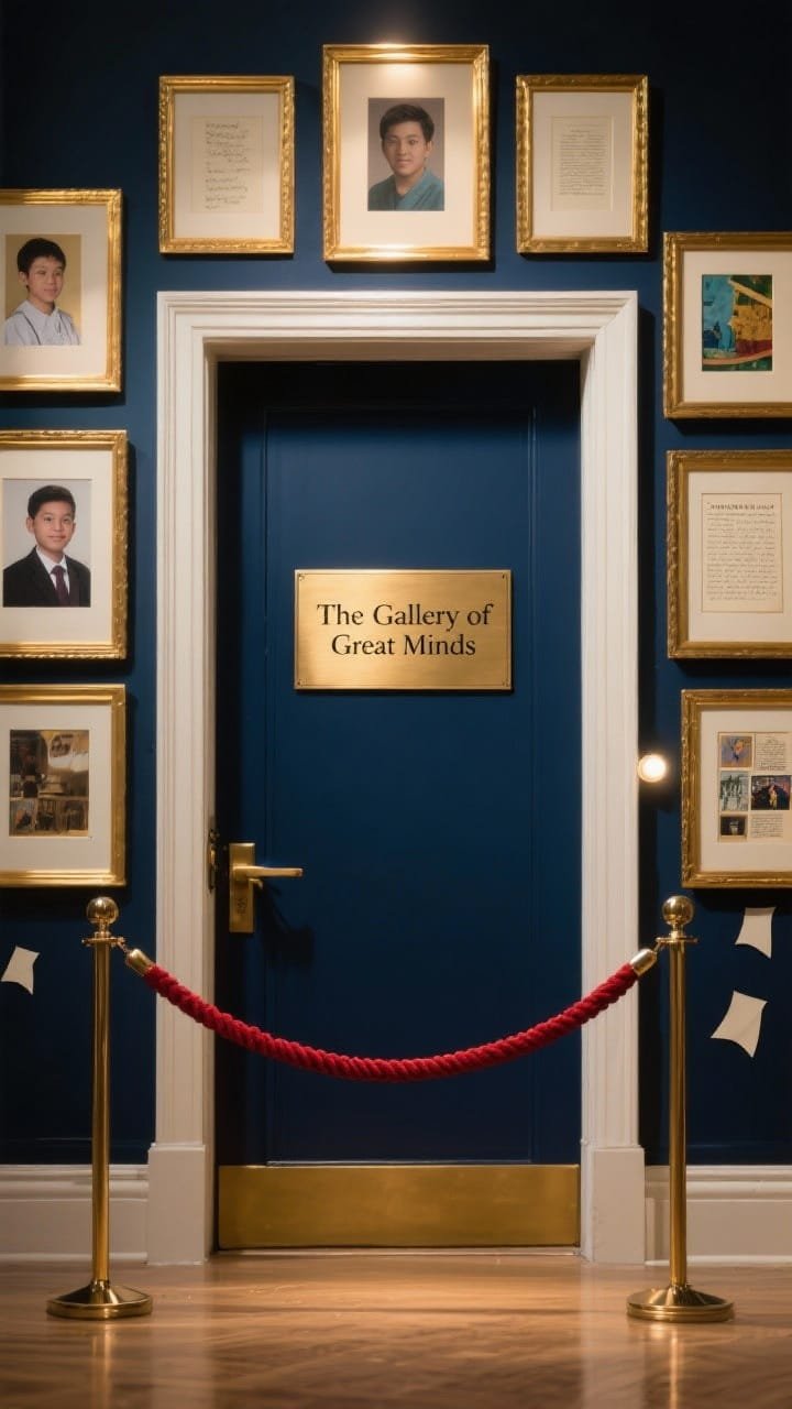 Photorealistic, straight-on medium shot of a &ldquo;museum gallery&rdquo; door: deep navy base with multiple gold picture frames (cardboard painted metallic gold) arranged salon-style; inside frames are placeholders for student portraits, art, writing excerpts, and mini collages with cream textured mats; central formal plaque reads &ldquo;The Gallery of Great Minds&rdquo;; velvet rope detail formed with burgundy-red ribbon across the lower portion; tiny paper spotlight cut-outs above select frames; refined mood with soft directional lighting creating gentle shadows on metallic card and frame molding; palette of navy, gold, cream, burgundy.
