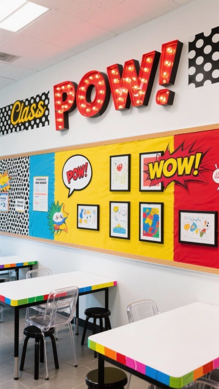 Photorealistic straight-on medium shot of a retro pop art classroom display wall: primary brights&mdash;cherry red, lemon yellow, cobalt&mdash;plus black-and-white accents; bold halftone patterns, polka dots, and comic speech bubbles; student work framed in thick black mats on a white wall in a gallery grid; oversized comic &ldquo;POW!&rdquo; and &ldquo;WOW!&rdquo; cutouts above; classroom rules inside speech bubbles; white tables with color-coded washi-tape borders; clear chairs/black stools nearby; retro marquee letters spelling the class name lit up; high-contrast, glossy lighting for punchy camera-ready impact.