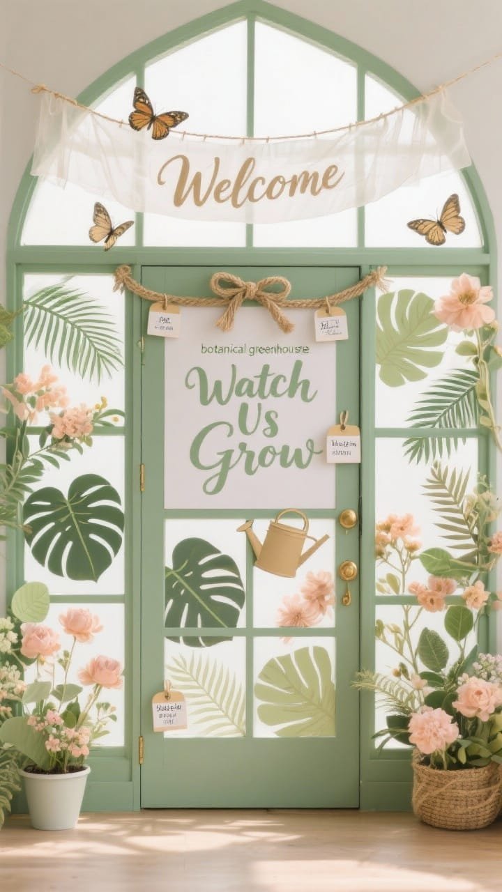 Photorealistic, straight-on wide shot of a &ldquo;botanical greenhouse&rdquo; door: sage green base with a white poster-board paned-door overlay forming a greenhouse grid; each pane filled with layered paper monstera, ferns, palms, and delicate blush/peach florals; soft-gold accents; faux jute &ldquo;Welcome&rdquo; sign hanging at the top; vellum butterflies strung across in a gentle arc; tiny watering can cut-out and plant tag labels with student names; &ldquo;Watch Us Grow&rdquo; banner in flowing script; textures of layered leaves, twine bows, and translucent vellum catching soft natural daylight for a fresh, uplifting mood.