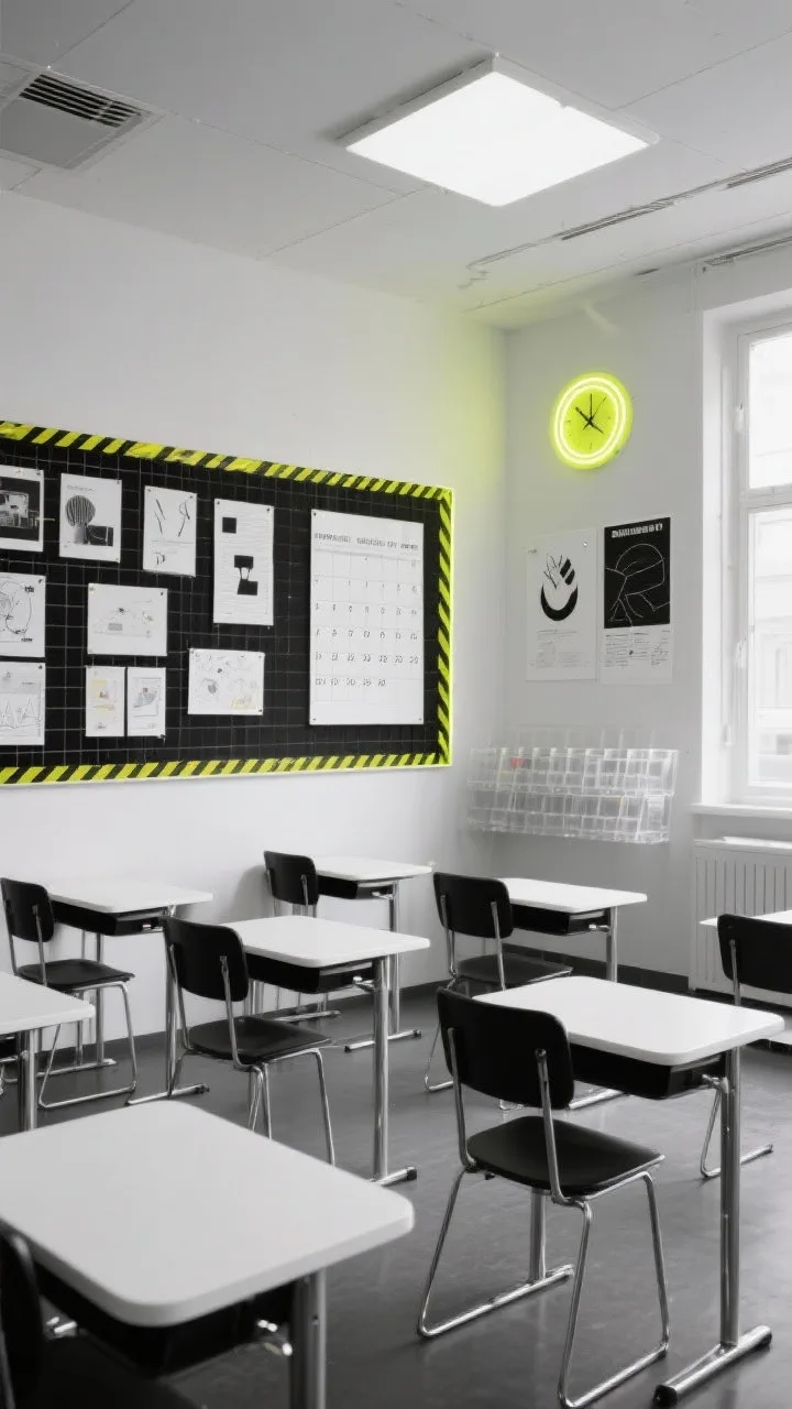 Photorealistic straight-on wide shot of a modern monochrome classroom with neon punch: crisp black, white, and gray across walls and furniture; a single neon accent color (electric yellow) repeating in details; black grid tape creating clean zones and a graphic border around the bulletin board; student work on white mats with thin neon outlines; white desks, black chairs, chrome legs; giant monochrome calendar, minimalist posters, and a neon wall clock; clear acrylic organizers; a single neon LED sign glowing; even, bright contemporary lighting for high contrast.