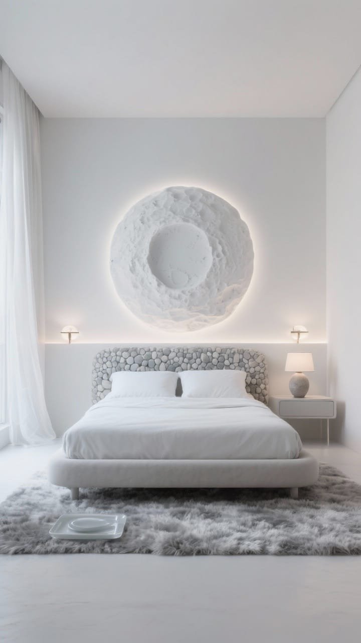 Photorealistic wide bedroom shot, straight-on view: a serene lunar minimalism scene in a bone-white palette with misty gray gradients. Low, streamlined platform bed with rounded edges and a simple upholstered headboard in pebble-textured fabric. Narrow floating nightstand. Backlit wall panel behind the bed casting a soft lunar wash; halo sconces flanking the headboard. Sheer voile curtains, micro-shag silver-gray rug, matte porcelain accents. A single oversized crater-texture art print or 3D plaster relief above the bed. Stone-like ceramic lamp on the nightstand and a slim frosted acrylic valet tray. Airy, quiet, moonlit ambience, dimmable glow, no clutter, no people.