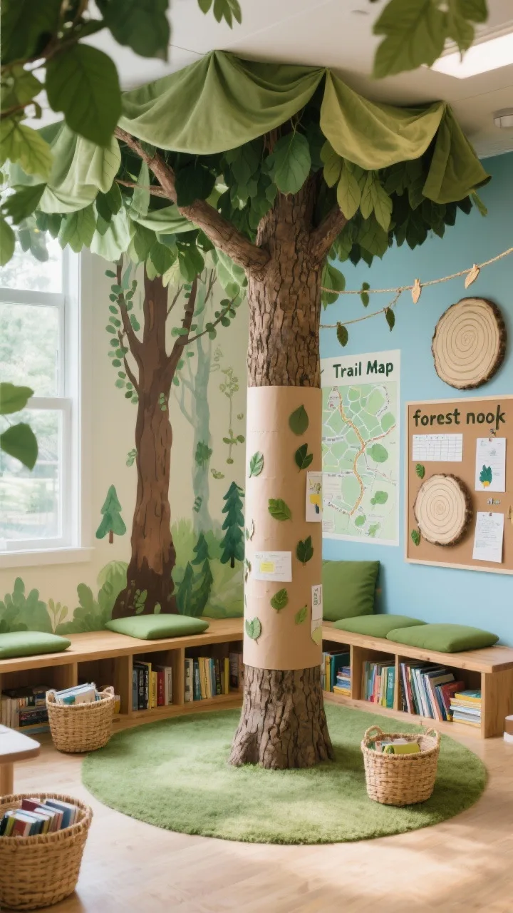 Photorealistic wide corner shot of a nature-inspired &ldquo;forest nook&rdquo; classroom reading grove: moss green, bark brown, soft sky blue, and cream palette; canopy leaves/fabric drapes cascading from the ceiling; a faux tree trunk made from a cardboard tube wrapped in textured bark paper; low wood benches with green floor cushions; rattan baskets filled with books; watercolor woodland mural decals on the wall; a &ldquo;Trail Map&rdquo; schedule board; bulletin boards styled like &ldquo;tree rings&rdquo; with concentric circles and student work pinned like leaves; twine lines with tiny leaf-shaped clips displaying projects; soft natural daylight for a calm, cozy woodland mood.