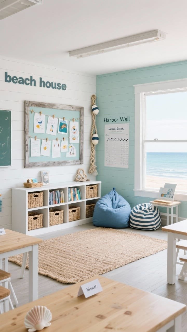 Photorealistic wide room shot of a coastal calm &ldquo;beach house&rdquo; classroom: soft sea glass tones&mdash;pale aqua, sand, driftwood gray, and white; white shiplap paper backdrop on a bulletin board with weathered wood frames; a jute rug under light wood tables; white bookcases with woven bins; wicker baskets and nautical decor&mdash;knots, mini buoys; a &ldquo;Harbor Wall&rdquo; display with student work clipped to a rope-and-peg system; blue floor pillows and a striped beanbag in the reading corner; shell-shaped name tags and a tide-chart schedule; bright but soft seaside daylight for serene, breezy mood.