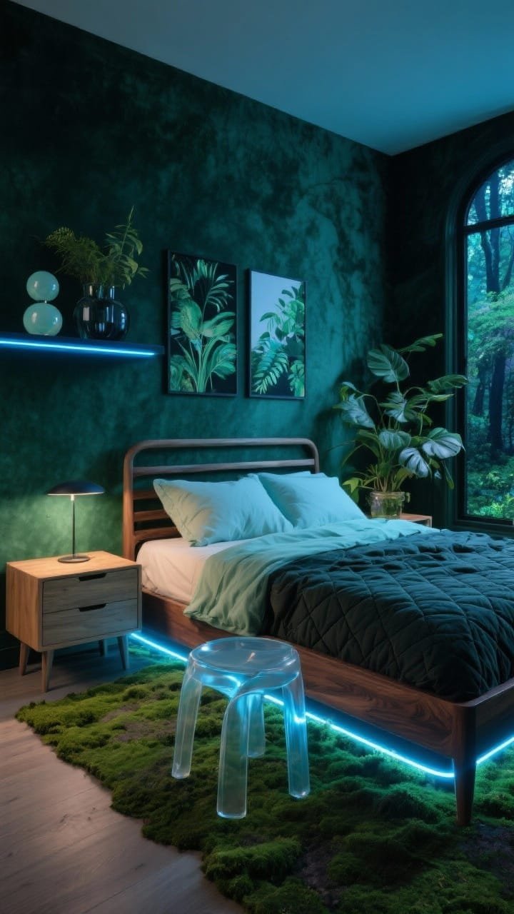 Photorealistic wide shot from a corner perspective: bioluminescent forest dream bedroom with inky greens, deep teal walls in a velvety finish, pops of electric blue against matte black accents. Walnut bed frame anchored on a mossy-textured area rug; light wood nightstands add warmth. Thin LED strips tucked under the bed and shelves emit a subtle underglow; a neon-like line lamp provides a gentle pulse of electric blue. Linen bedding in sea-glass tones with a dark quilted coverlet. Botanical prints with slight iridescence, smoked glass planters, and a cluster of opal glass orbs on a shelf. A translucent acrylic stool near the bed; sculptural-leaf plants. Moody, lush, softly glowing atmosphere, no people.
