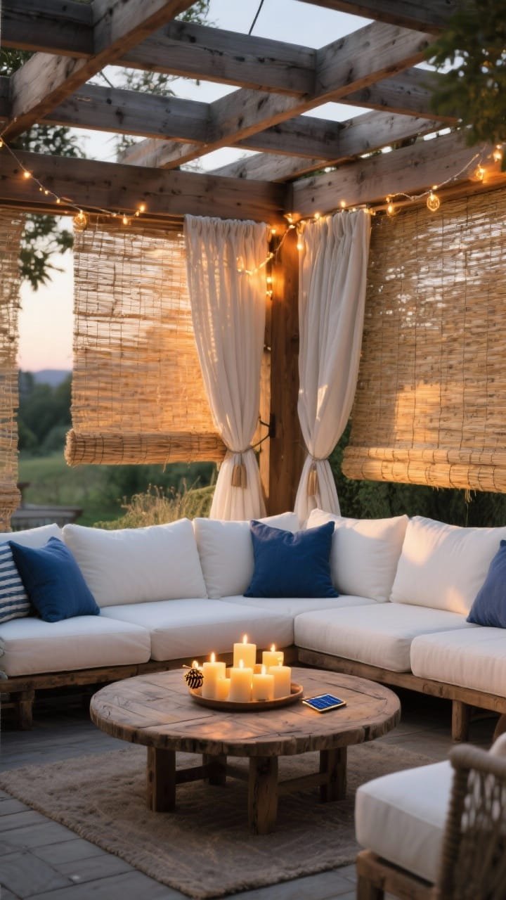 Photorealistic wide shot of a cozy cedar pergola outfitted with roll-down reed/willow screens and UV-resistant recycled-fabric curtains catching sunlight. Beneath, a modular outdoor sofa with off-white cushions and indigo throw pillows surrounds a round reclaimed teak coffee table topped with a cluster of glowing beeswax candles. Clip-on solar fairy lights twinkle along pergola beams. Palette: off-white, indigo, honey reed, amber candlelight. Twilight ambiance, corner perspective showing layered textures and soft drapery.