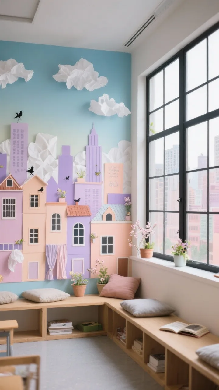 Photorealistic wide shot of a long classroom wall transformed into a pastel skyline collage mural seen from a slight corner angle: student-made building panels with windows, rooftops, and tiny spring details like birds, potted plants, and fluttering curtains; sky gradient in light blues, lilac, and peach with layered white tissue paper clouds for depth; a thin black border grid mimics large window panes as if viewing the city from inside; low benches and floor cushions beneath create a &ldquo;window seat&rdquo; reading area; airy, urban atmosphere with soft, even daylight.