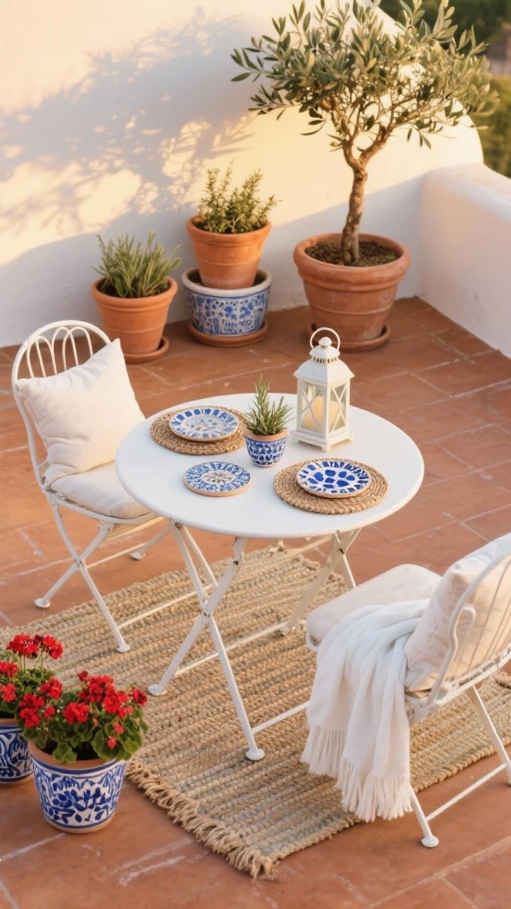 Photorealistic wide shot of a Mediterranean Terracotta Terrace in golden late-afternoon light: white metal caf&eacute; table with curved chairs topped with airy cotton cushions; a trio of terracotta planters in staggered sizes with rosemary, thyme, and a dwarf olive tree; blue-and-white ceramic pots with red geraniums; flatweave outdoor rug in soft sand tones; white linen-look throw over a chair; ceramic lantern on the table; accents include mosaic coasters and woven placemats; color palette terracotta, chalky white, ocean blue; straight-on perspective to show the full vignette, no people