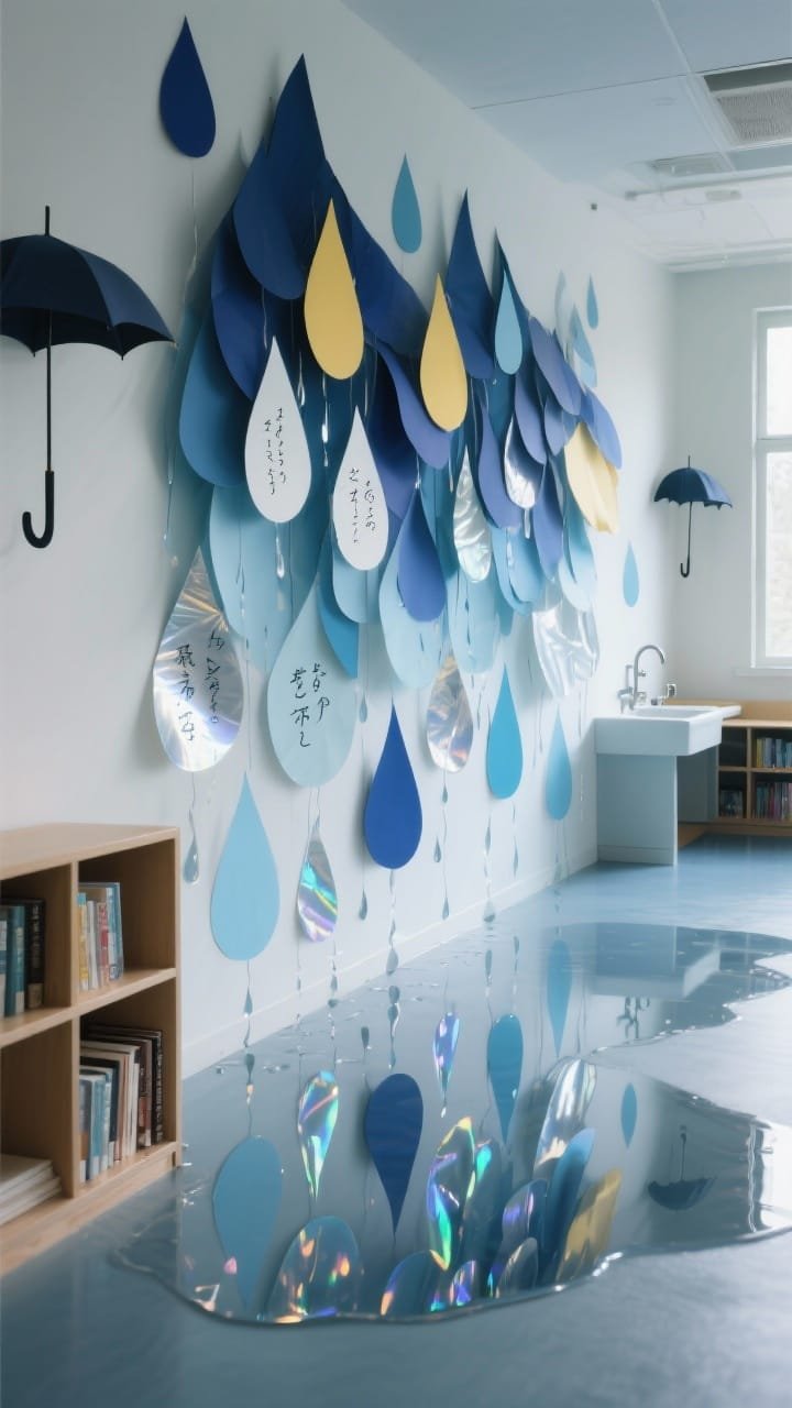 Photorealistic wide shot of a serene raindrop reflection wall along a reading area: layered paper raindrops in gradients of navy, cornflower, and powder blue cascade down into shimmering puddles made from overlapping iridescent cellophane and silver cardstock; vellum overlays and gel-pen haikus visible on some drops; minimalist umbrella silhouettes at the edges; cool, calm mood with diffused natural light; placed beside low bookshelves and a classroom sink for water-themed symmetry; straight-on view.