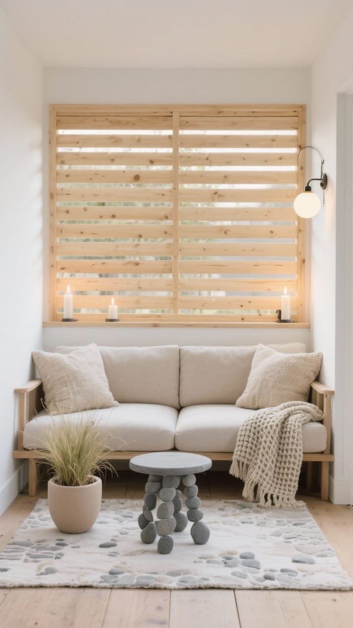 Photorealistic wide shot of a serene Scandinavian small-space setup: blonde pine slatted screen installed horizontally, reflecting soft daylight to make the area feel airy. Two-seat armless sofa in oatmeal fabric with nubby pillows, pebble-gray stool table, and a pale stone-look rug. Single sculptural grass in a putty-colored pot as the minimal plant statement. Waffle-knit outdoor throw draped neatly. Simple clip-on globe lights provide a candlelit glow along the screen. Color palette: blonde wood, oatmeal, soft gray, putty. Clean, calm atmosphere; straight-on composition; no people.