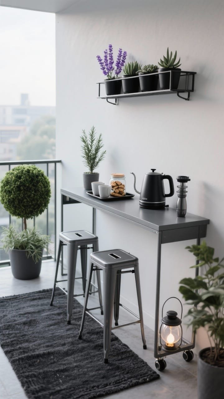 Photorealistic wide shot of a Sleek Modular Coffee Bar Balcony in cool morning light: narrow bar-height console tucked against the railing (folding or on wheels) styled as a mini coffee-and-tea station with compact electric kettle, tray with mugs, jar of biscotti, and Aeropress setup; clip-on railing planter above with compact lavender; matte black mini succulent pots; two slim stacking stools in powder-coated steel; charcoal runner rug; structured plants like a boxwood ball and rosemary topiary; small battery lantern with frosted globe; palette charcoal, soft gray, matte black, hints of lavender; straight-on, clean composition, no people