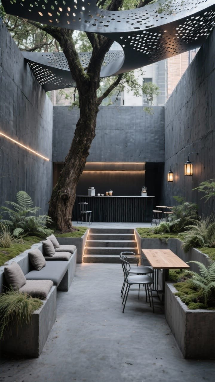 Photorealistic wide shot of a sunken canyon-like outdoor courtyard with board-formed charcoal concrete walls on both sides, a mature oak tree piercing a perforated steel sculptural canopy that casts dappled moving shadows; mix of heavy low concrete benches with detachable wool cushions and slim steel caf&eacute; chairs; a monolithic coffee bar with ribbed front and thin blackened steel counter; stepped planters with ferns and grasses, moss softening edges; hidden LED strips tracing the canopy underside and lantern-like sconces beginning to glow at dusk; palette of charcoal concrete, weathered steel, and pale oak tabletops; mood: urban fortress meets woodland sanctuary.