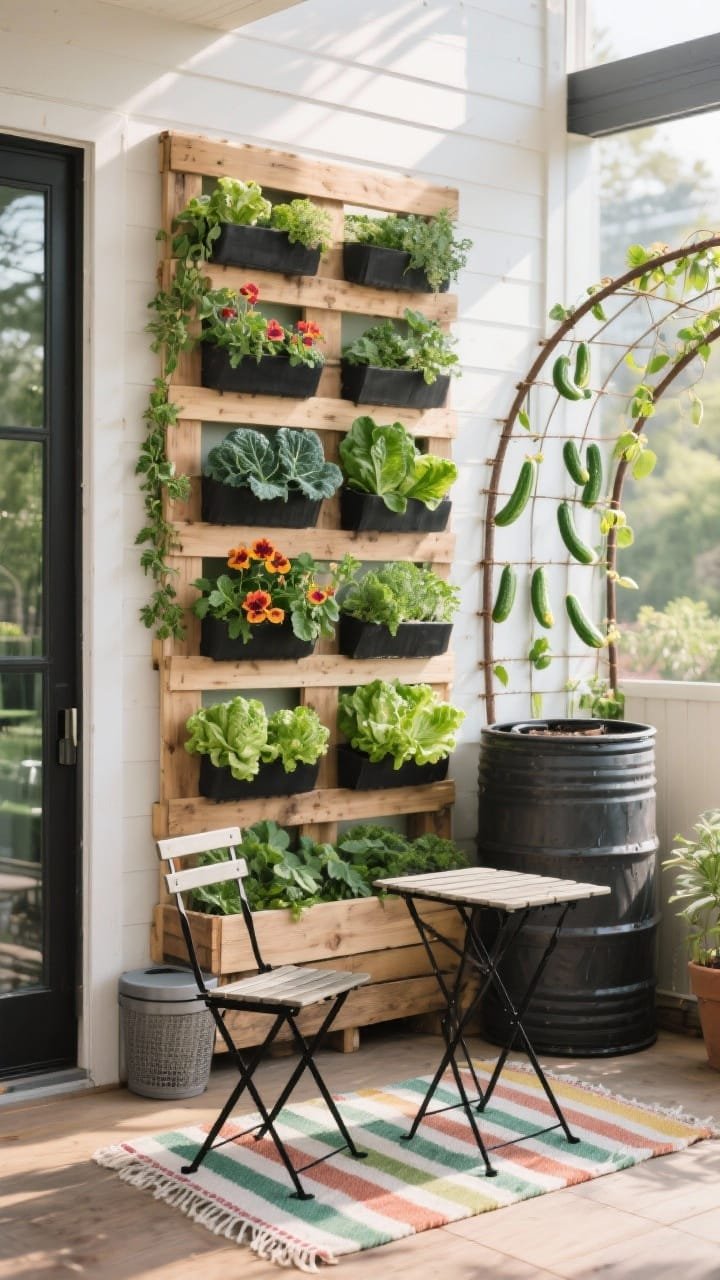 Photorealistic wide shot of a vertical pallet garden screen: sanded, eco-oiled pallets mounted on a sturdy frame, filled with pockets of lettuce, kale, nasturtiums, and trailing mint. To one side, a rain barrel doubles as a trellis with a curved arch of salvaged rebar guiding climbing cucumbers/beans. A small black metal folding caf&eacute; set sits on a cheerful striped rug, market-day vibe. Palette: leafy green, matte black, natural wood, sunny stripes. Morning light; a discreet compost station hinted behind the screen. Straight-on view.