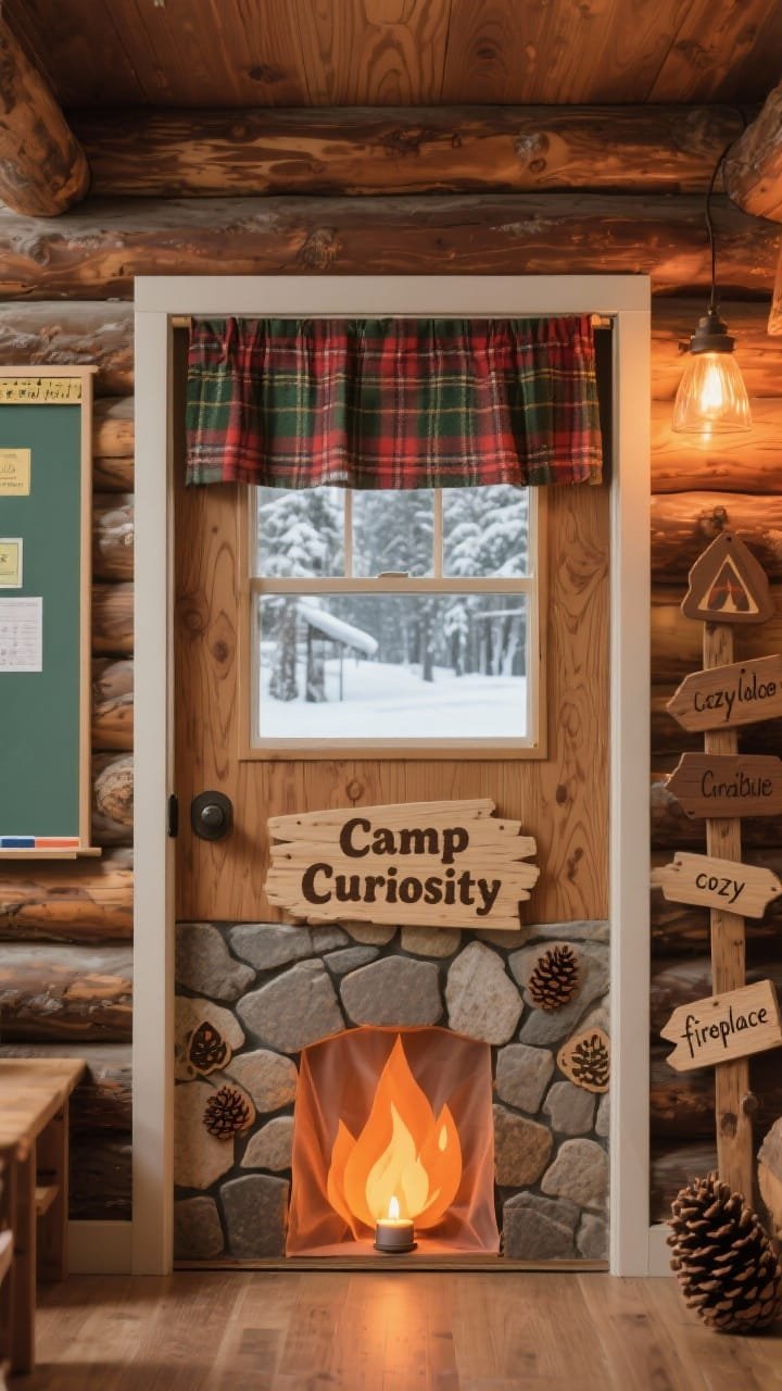 Photorealistic, wide straight-on shot of a &ldquo;cozy cabin&rdquo; classroom door: woodgrain paper forming log beams across the surface, a stone-pattern &ldquo;fireplace&rdquo; panel at the bottom with a softly glowing paper flame (battery tea light behind translucent orange vellum), plaid flannel banner draped across the top; window area framed with mini curtains showing a snowy outdoor view; &ldquo;Camp Curiosity&rdquo; sign in rustic lettering; pinecone cut-outs and student names on wooden trail marker tags; palette of chestnut brown, forest green, cream, and warm red plaid; warm, campfire-like lighting accentuating woodgrain and vellum firelight textures.