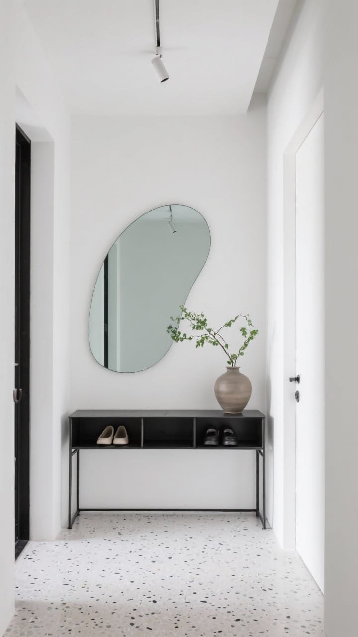 Photorealistic wide, straight-on shot of a sculptural minimalist entryway: matte white walls, slim black steel console with hidden shoe drawers, a single sculptural ceramic vase holding one green branch, oversized frameless arched mirror reflecting soft light. Pale terrazzo floor with tiny charcoal flecks underfoot. Subtle ceiling track light washing the wall like a museum, calm and airy mood. Palette: white, black, soft gray. Materials: steel, terrazzo, ceramic, glass. No people.