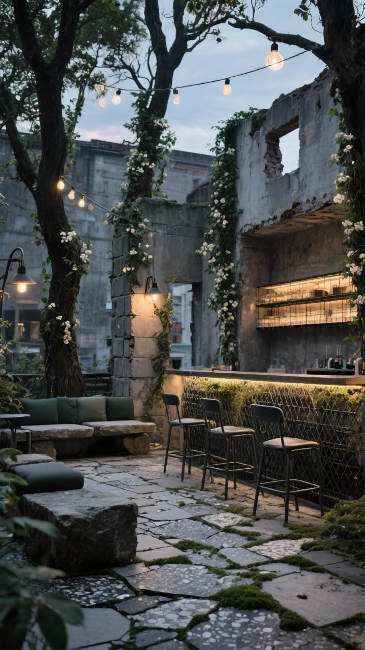Photorealistic wide terrace scene evoking an urban ruin: reclaimed concrete blocks stacked into partial walls, edges softened by thick vines and climbing jasmine; several mature trees bursting through voids; mottled grays, sun-faded blacks, deep green palette; seating mixing salvaged stone slab benches with matte forest tubular steel chairs; bar with rebar mesh shelving backlit to glow like a streetlight at dusk; cracked terrazzo pavers patched with resin, intentional moss creeping; bare-bulb string lights and clamp lamps clipped to walls, deliberately imperfect; gritty-romantic atmosphere at twilight.