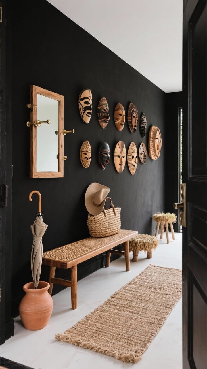 Straight-on entryway vignette: deep matte black feature wall lined with a curated mask gallery of varied sizes and wood tones; cane-and-teak bench beneath; flatweave jute runner on the floor; handmade clay umbrella stand; slim vertical wood-framed mirror reflecting light; bronze pegs with a hat and woven tote; small stool with woven grass seat layered beside the bench. Color palette black, natural cane, warm teak, ivory. Clean, dramatic, softly lit.