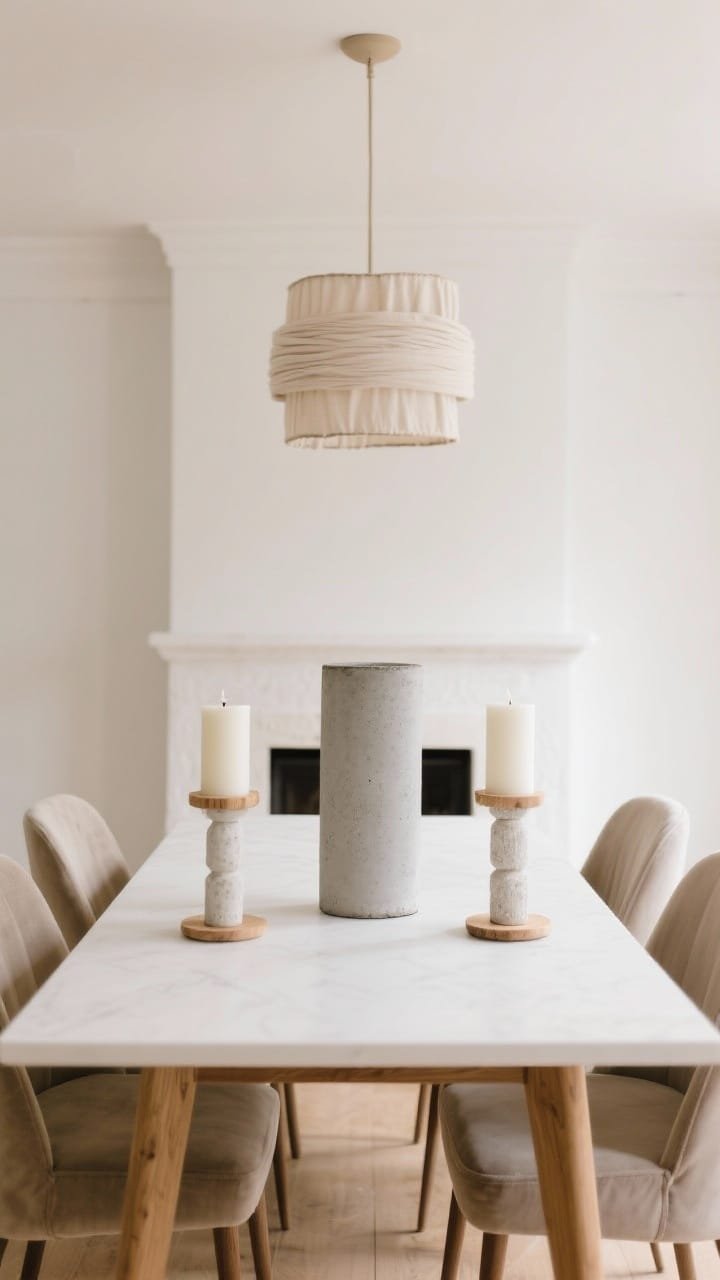 Straight-on medium shot: a tall concrete cylinder vase centered on a white oak table, flanked symmetrically by chunky ivory pillar candles set on pale wood coasters. Putty velvet chairs, warm white walls, and a linen-wrapped drum chandelier above; optional simple plaster fireplace in the background. Tonal, balanced, softly lit.