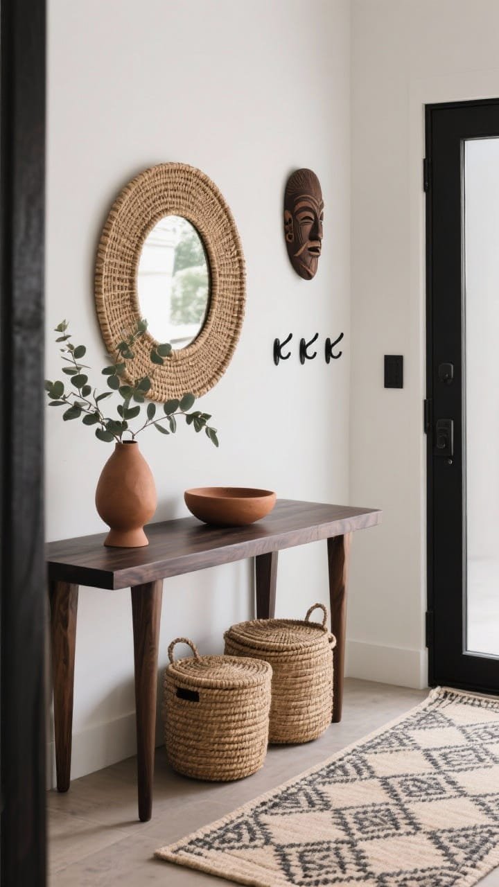 Straight-on medium shot of a textural entryway: slim console table in dark wood with a round rattan mirror mounted above; surface styled minimally with a single sculptural vase holding eucalyptus and a shallow clay catchall bowl; two woven lidded baskets tucked below for storage; a flat runner on the floor with a small-scale tribal pattern in sand and charcoal; short row of black metal peg hooks on the wall; one hand-carved mask placed for strong impact; palette of clay, sand, dark wood, and black; clean, modern, and practical.