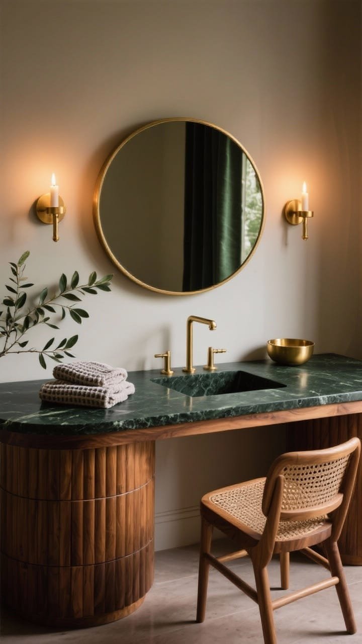 Straight-on medium shot: sculptural cylindrical oak tambour base vanity topped with a velvety dark green-black soapstone surface. Oversize round mirror in antique brass, paired with petite pin-leg brass sconces throwing a cozy, candlelike glow. Palette caramel oak, inky green-black, warm brass; eucalyptus sprigs, folded waffle towels, brass catchall on the counter; low-profile cane chair with oak frame. Evening ambient warmth, gentle vignetting.