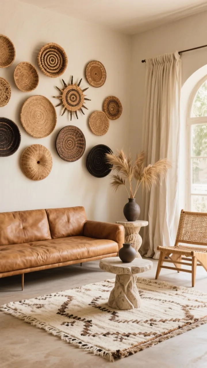 Straight-on medium-wide shot: Breezy Afrohemian living room with sand-colored walls and a sprawling basket gallery wall arcing above a camel leather sofa. Baskets in mixed sizes&mdash;spirals, sunbursts, and disks&mdash;in tan, espresso, and black. A cream-and-taupe flatweave Berber-style rug anchors the space. Include a sculptural rattan side chair, a stone-topped pedestal side table, linen curtains puddling to the floor, dried palm fronds in a matte ceramic vase. Palette: sand, camel, cream, espresso. Bright daylight.