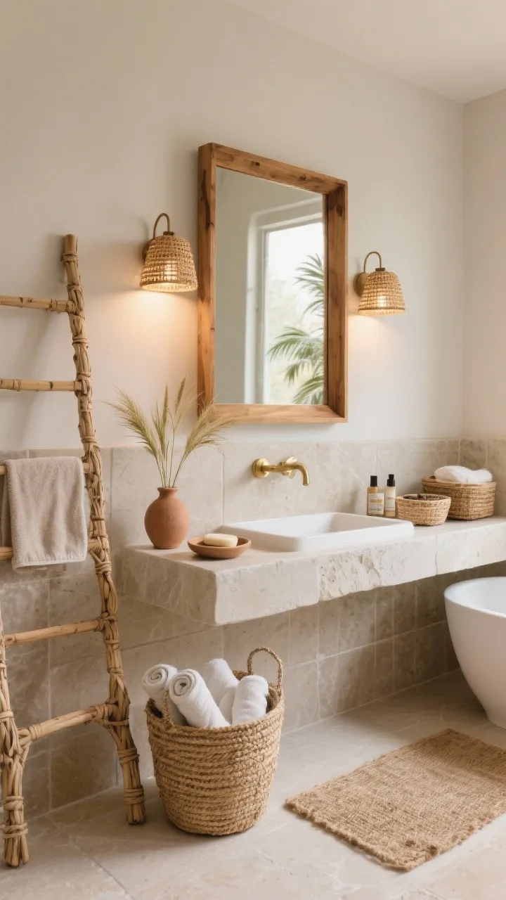 Straight-on serene bath: warm wood framed vanity mirror with a pair of rattan sconces casting gentle light; matte stone or stone-look tile surfaces; palm fibre hamper with rolled towels; jute mat by the tub; woven ladder leaning as a towel rack; hand-thrown soap dishes and a small clay vase of grasses on the ledge; baskets for skincare including a lidded one for extras. Color palette stone, sand, light teak, warm brass. Spa-like, soft diffused lighting, tactile natural textures.