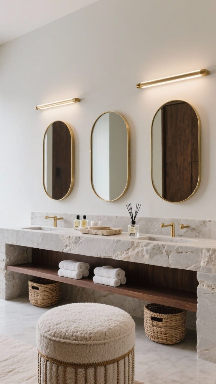 Straight-on wide shot, gallery-like: monolithic honed limestone block vanity spanning the wall, with a recessed walnut niche below holding baskets and rolled hand towels. Trio of stacked rounded-corner mirrors in ultra-thin luxe brass frames, linear bar lights floating just above for even, museum-grade illumination. Palette bone, soft gray, deep walnut, luminous brass; travertine tray, clear perfume bottles, minimalist reed diffuser; low drum boucle ottoman. Quietly extravagant, crisp.