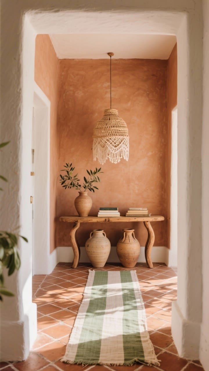 Warm wide shot with sunlight: Mediterranean-inspired entry with clay-colored plaster walls, terracotta tile floor in herringbone pattern. Rustic wood console with curved legs, pair of ceramic amphorae at its base. Woven pendant throwing lace-like shadows, striped linen runner softening the floor, olive branch in a hand-thrown urn and sun-faded coffee table books atop the console. Effortless, collected vacation feel. Palette: terracotta, warm white, olive green, sandy beige. Materials: plaster, terracotta, linen, aged wood. No people.