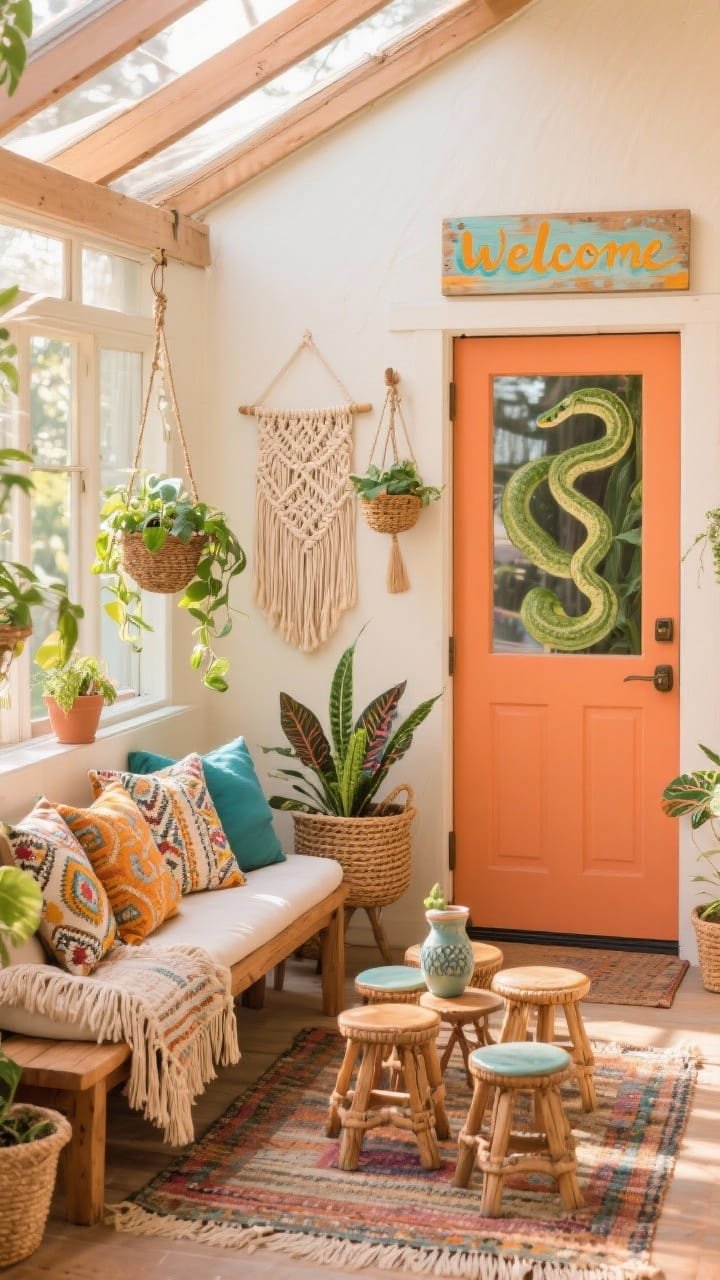 Wide, angled view capturing boho sunroom vibes: front door in burnt orange with sunny apricot undertones, macramé wall hangers and a fringed outdoor rug layering textures, low acacia bench piled with tasseled patterned pillows, woven planters and hanging baskets with pothos, snake plant, and maranta, a cluster of ceramic stools as side tables, playful hand-painted welcome sign, warm late-afternoon light, palette of terracotta, saffron, teal, and cream.