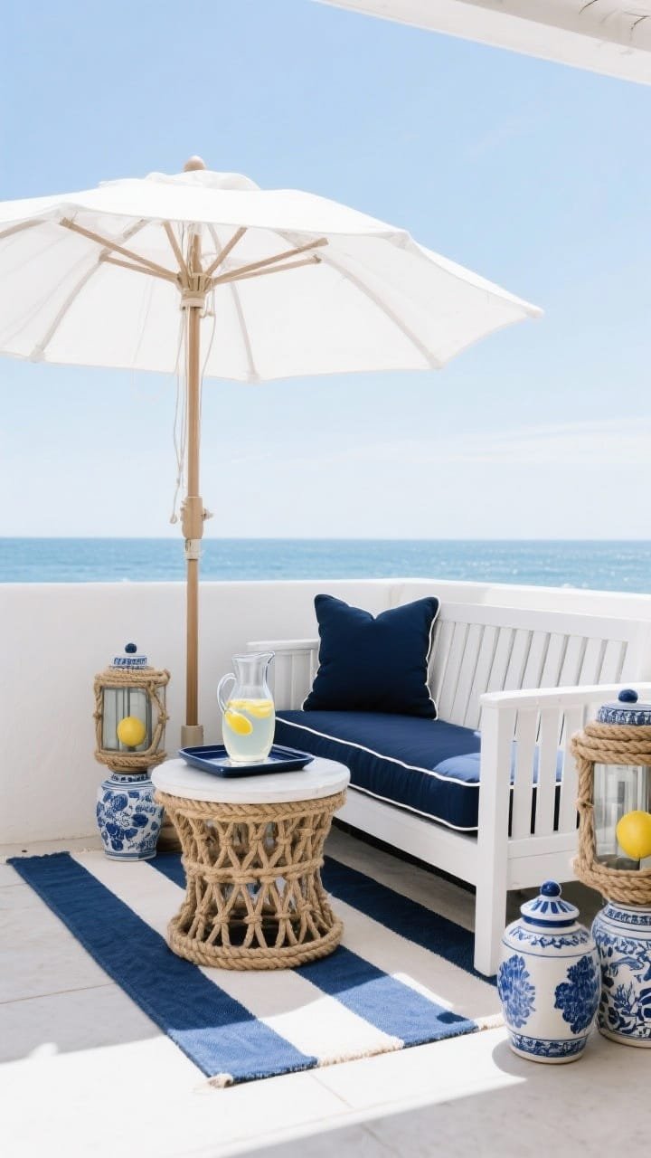 Wide, bright coastal nook on a tiny patio: white slatted loveseat with navy piped cushions, a rope-wrapped side table, and a navy-and-sky-blue striped outdoor rug. Styled with blue-and-white ceramic ginger jars, rope lanterns, and a glass pitcher of lemon water on a lacquered tray. A white market umbrella overhead creates a crisp, resort feel. Palette: navy, white, sky blue, lemon; materials: rope, ceramic, slatted wood; daylight with gentle seaside ambiance.