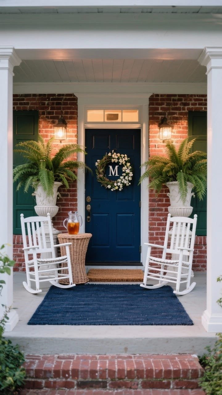 Wide classic southern porch framed by brick: navy front door with a monogrammed spring wreath, matching white rocking chairs on either side of a wicker side table holding a glass pitcher of iced tea, tall pedestal urns with lush Boston ferns flanking the entry, coir doormat layered over a navy rug, evening light grazing brick and greenery, palette of navy, deep green, white, and brick red, timeless charm.