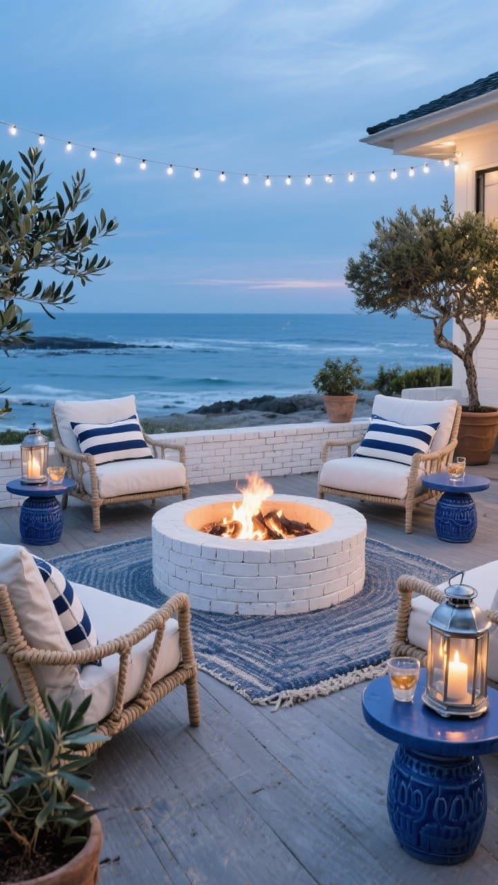 Wide coastal modern scene in twilight blue hour: a white-painted brick fire pit (round) with a matching low brick ledge for extra seating, set on gray-washed decking that feels sun-bleached. Oversized slipcovered lounge chairs in performance canvas face the fire; navy-and-ivory striped pillows and a flat-weave rug anchor the zone. Rope-handled galvanized lanterns with candles glow; warm white string lights drape casually overhead. Blue ceramic side tables hold drinks; potted olive and bay trees flank the seating. Crisp, breezy, nautical blues, photorealistic.
