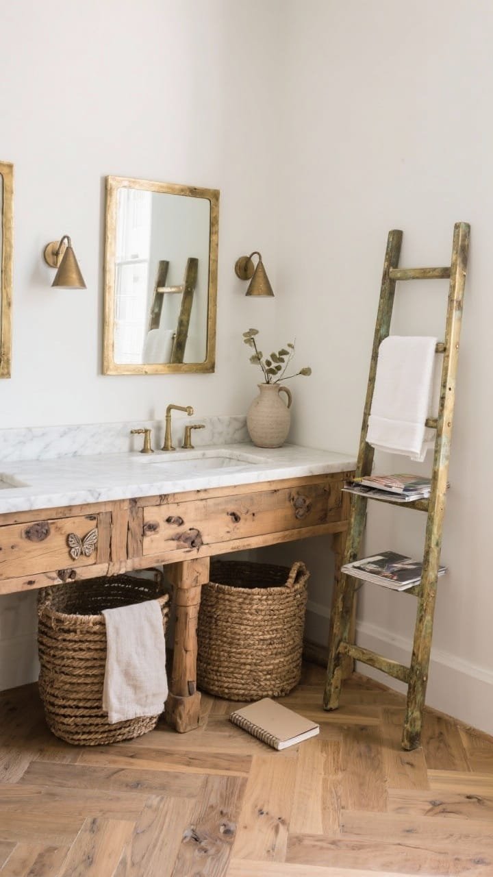 Wide corner angle: reclaimed elm vanity with visible knots and butterfly joints, topped with milky white quartzite. Leaning patina brass ladder for towels and magazines beside the vanity; rectangular brass-rimmed mirror and cone-shade sconces. Palette natural elm, chalk white, warm patina; woven hamper, linen-bound notebook, stoneware pitcher as a vase. Herringbone oak floor providing tailored contrast; soft, lived-in natural light.