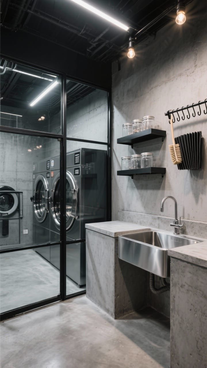 Wide corner shot, Industrial Glass-Box Laundry: glass partition with black steel frames enclosing the utility area, concrete-look counters, open black metal shelving with clear canisters, stainless utility sink, wall-mounted accordion drying rack extended, S-hooks along a rail holding brushes; polished concrete floor; exposed-bulb track or linear bar lighting creating edgy shadows; palette of charcoal, concrete, black steel, stainless; architectural, photorealistic.