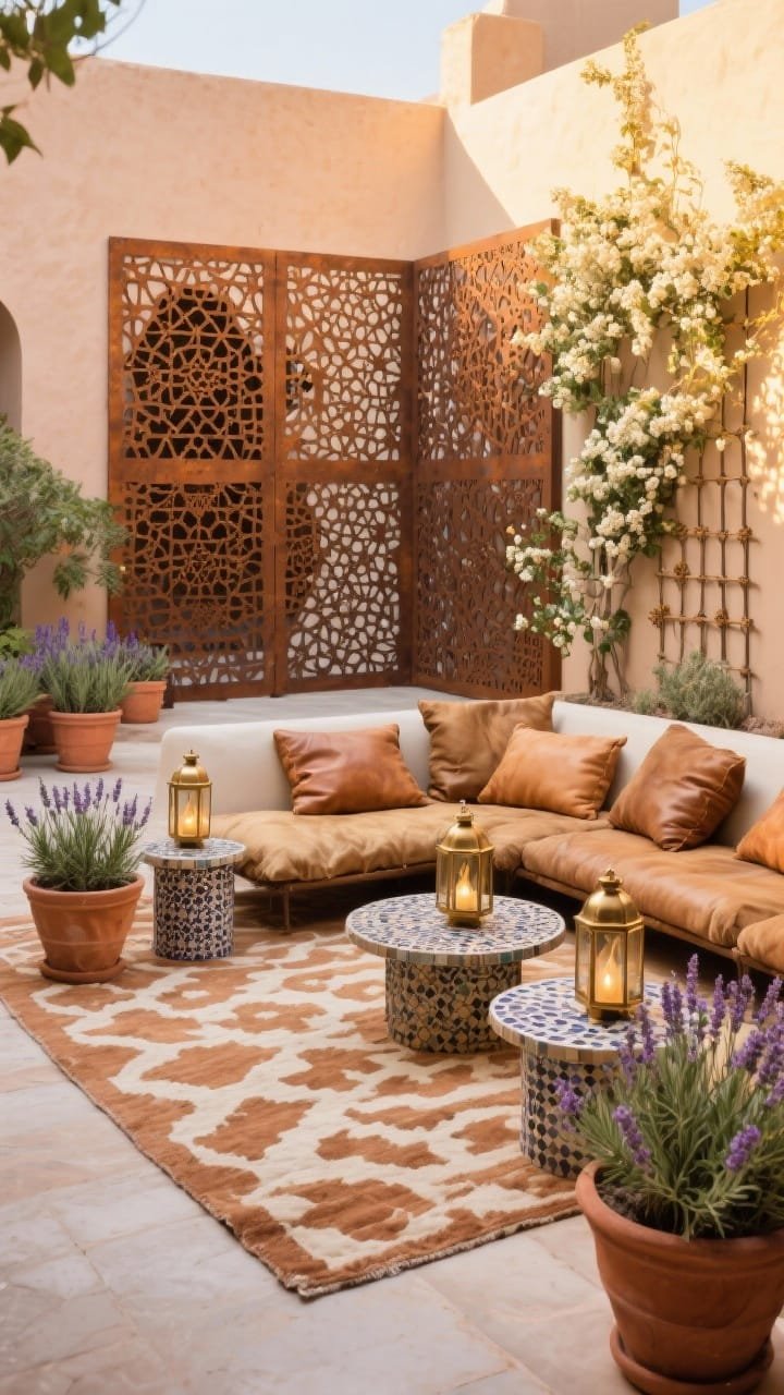 Wide courtyard scene, Moroccan: laser-cut metal privacy panels with Moroccan pattern in warm rust finish forming a backdrop; terracotta planters filled with rosemary and lavender, terra-and-cream patterned rug, low seating with camel faux leather cushions; mosaic side tables, brass lanterns, and a climbing jasmine trellis at edges; golden-hour lighting with warm highlights; colors terracotta, camel, cream, bronze; materials laser-cut steel, terracotta, faux leather; slightly elevated perspective, photorealistic.