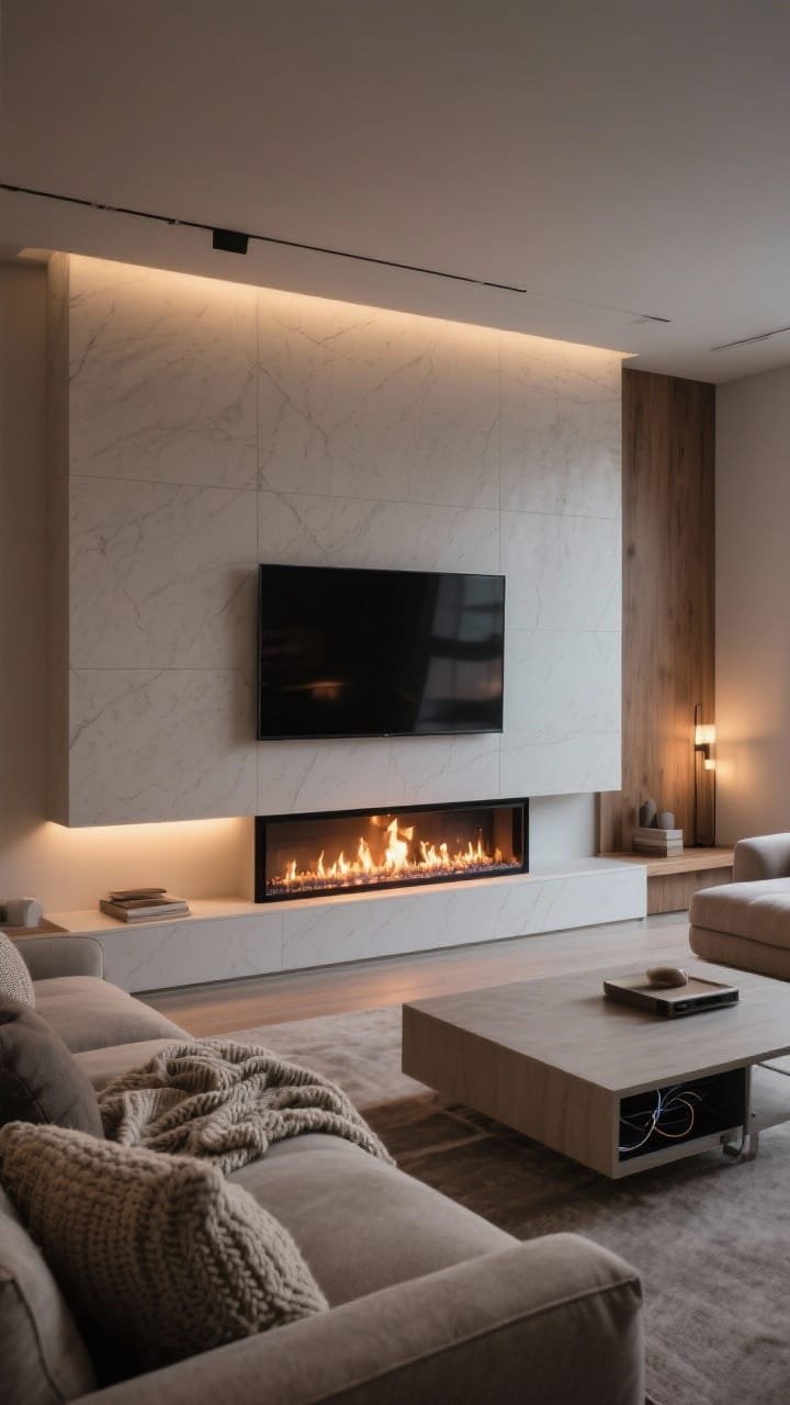 Wide, cozy evening shot: A fire-and-media fusion wall with a linear electric fireplace integrated into a large-format porcelain slab wall, TV positioned neatly above. A shallow white oak mantle ledge runs across, styled minimally. Plush sectional with heavy-knit throws, and a low monolithic coffee table. Neutral, layered tones let the fireplace glow dominate; dim ambient lights plus flame light create instant cinema. Include heat deflector and tidy cable management details.
