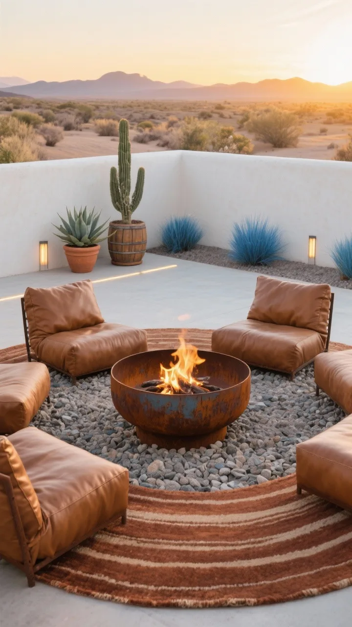 Wide desert modern composition at golden hour: a round Corten steel fire bowl with rich weathered patina centered on a bed of crushed decomposed granite. Low, wide lounge chairs in caramel performance leather/canvas circle the fire; underfoot a rust-striped outdoor rug echoes the steel tones. Sparse, bold decor: terra-cotta planters with agave, barrel cactus, and blue fescue punctuate the space. A white stucco half wall provides high-contrast backdrop; discreet LED path lights graze the stucco texture. Earthy palette, clean lines, sunrise-to-sunset mood, photorealistic.