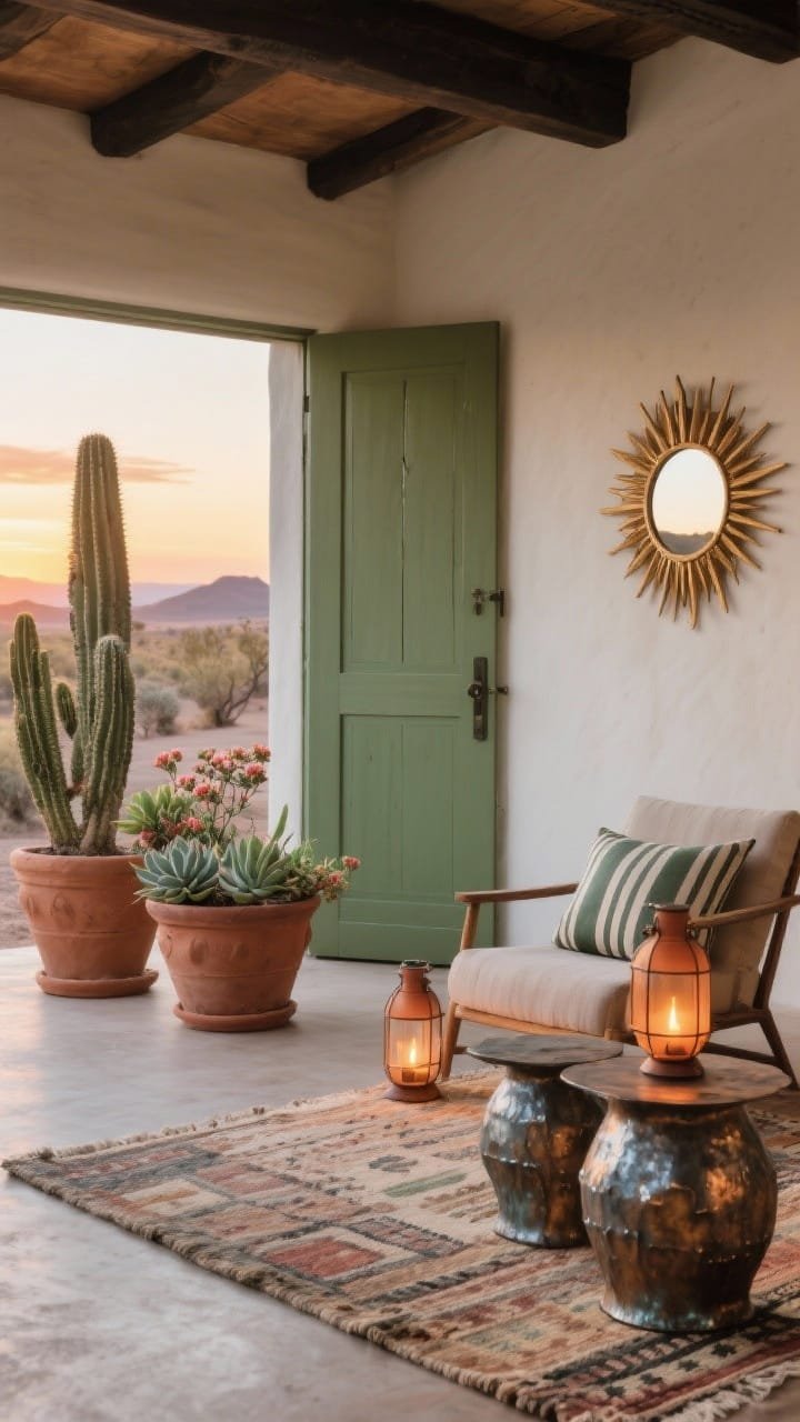 Wide desert spring retreat at sunset: sage green door, clay and terracotta planters showcasing sculptural cacti, echeveria, agave, and portulaca, muted woven kilim rug on the floor, slouchy lounge chair with striped pillows beside a hammered metal side table, terracotta lanterns flickering and a sunburst mirror mounted near the door, palette of rust, sage, sand, and charcoal, sun-washed neutrals.