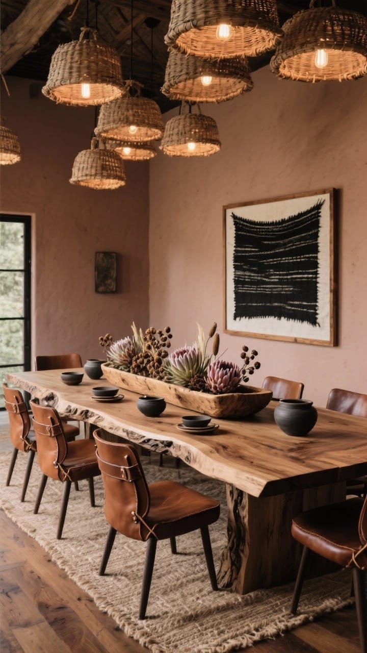 Wide dining room scene: a live-edge wood dining table with natural curve, paired with saddle-brown leather-strapped chairs; overhead canopy of woven basket lights clustered at varied heights; walls in soft clay/mushroom hue; a single oversized black-and-white textile framed in wood; centerpiece is a long hand-carved wooden trough filled with dried protea and seed pods; jute runner layered over hardwood floors; hand-thrown pottery set in matte finishes on the table. Color palette mushroom, walnut, black, caramel. Moody, earthy ambiance, warm pendant glow.