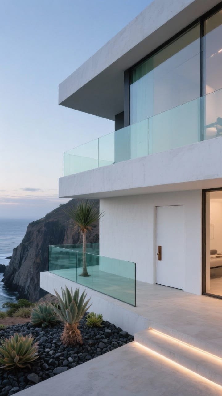 Wide, dramatic cliffside exterior of the &ldquo;Glassy Cliffside Minimalist&rdquo;: stacked planes of matte white concrete and expansive low-iron glass, strong horizontal lines with slim charcoal shadow reveals outlining each volume. Flush white pivot entry door with a single vertical bronze handle, all-glass railings framing ocean views. Hyper-minimal landscaping with native succulents, black basalt gravel, and a single sculptural yucca. Twilight scene with in-floor uplights and a recessed linear entry strip creating a soft interior glow; palette of pure white, charcoal, bronze, and sea-glass green. Photorealistic.