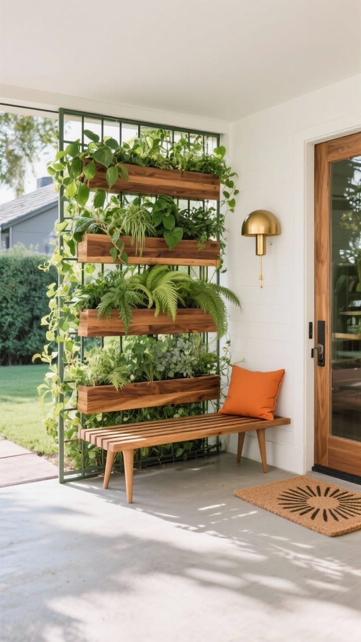 Wide entry patio, mid-century: vertical garden screen made of stacked cedar planter boxes on a metal grid; lush trailing pothos, ferns, and herbs forming a living barrier; slatted bench with tapered legs and burnt orange cushions; sunburst doormat; matte brass dome sconce; staggered planter heights; built-in drip line subtly hidden behind; palette of teak tones, olive and emerald greens, brass; clean daylight, straight-on, photorealistic.