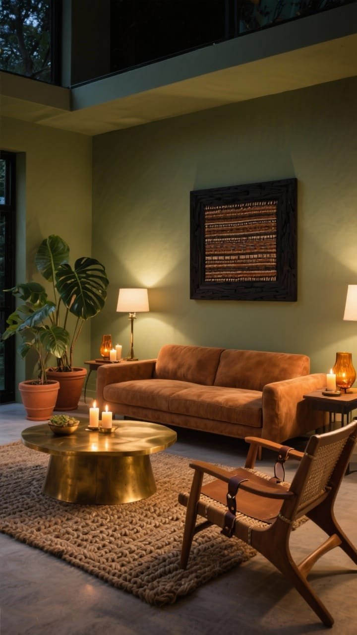 Wide evening shot: Sage-olive walls create an earthy backdrop. Centered burnished brass coffee table glows with candlelight. Caramel nubuck sofa facing, with a braided jute rug underfoot. Framed woven Kuba cloth art in black wood above. Terracotta planters with a leafy rubber plant, a bentwood accent chair with leather straps, and warm amber glass accents and votives. Palette: sage-olive, caramel, brass, terracotta, black. Warm nighttime ambiance with layered lamps and candles.