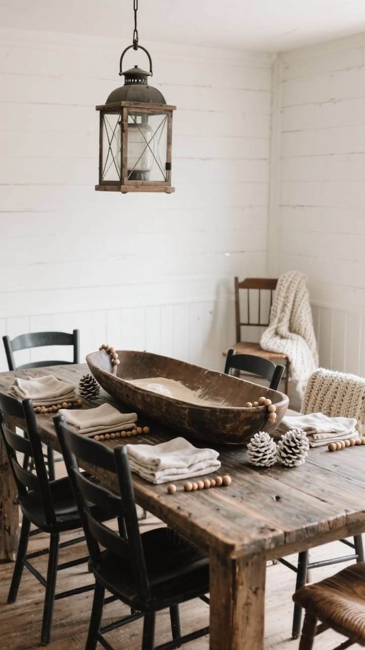 Wide farmhouse-meets-modern scene: an antique-style long dough bowl centered on a distressed oak table, filled with folded linen napkins, wooden beads, and a few bleached pinecones for layered texture. Black ladder-back chairs, an overscale lantern pendant overhead, and a chunky knit throw draped over one chair to soften the tableau.