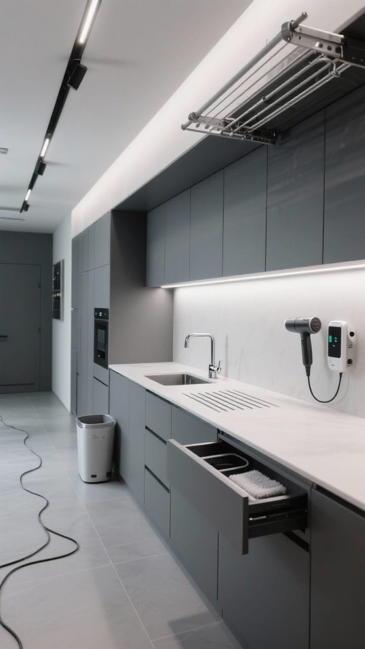 Wide futuristic utility scene, Tech-Forward Minimal: super-matte graphite cabinets, solid-surface counter with integrated drain grooves, touch-activated faucet, motion-activated under-cabinet LED strips casting even light, vertical storage featuring a slightly open charging drawer with lint remover and handheld steamer, ceiling-mounted retractable drying rack partially lowered; palette of graphite, soft white, smoked chrome; large-format cool grey satin porcelain floor; hidden cable management and label-free bins; photorealistic, no people.