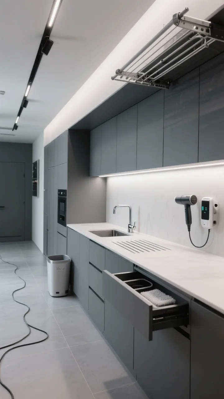 Wide futuristic utility scene, Tech-Forward Minimal: super-matte graphite cabinets, solid-surface counter with integrated drain grooves, touch-activated faucet, motion-activated under-cabinet LED strips casting even light, vertical storage featuring a slightly open charging drawer with lint remover and handheld steamer, ceiling-mounted retractable drying rack partially lowered; palette of graphite, soft white, smoked chrome; large-format cool grey satin porcelain floor; hidden cable management and label-free bins; photorealistic, no people.
