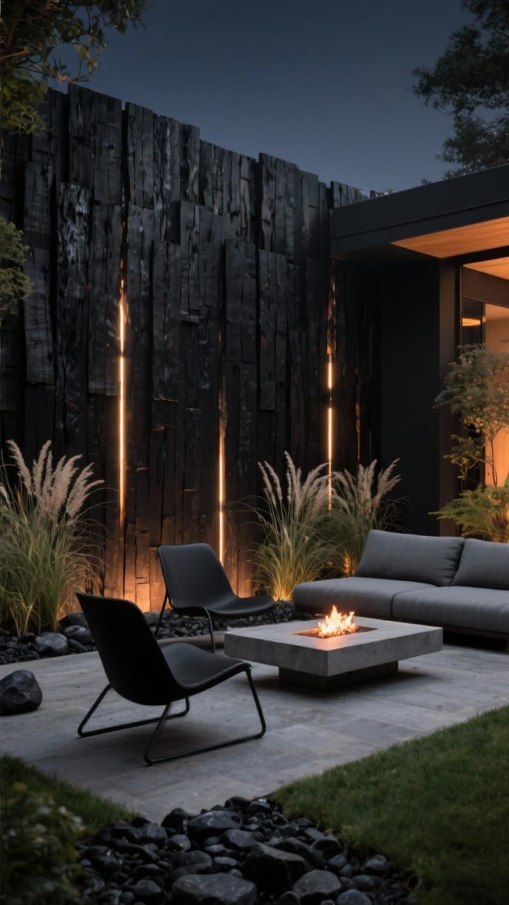 Wide garden lounge, contemporary drama: tall staggered shou sugi ban charred wood privacy panels with deep black grain; low sectional in stone gray; rectangular concrete fire table aglow; sculptural matte black chairs; ornamental grasses and black river rock; linear LED uplighting washing panels from below for cinematic night scene; palette of jet black, slate, olive, warm ember light; nighttime, low camera angle, photorealistic.