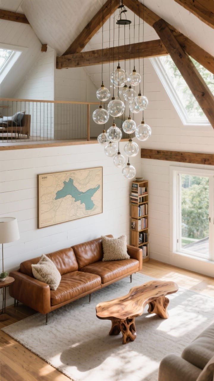 Wide interior shot from the mezzanine looking down into an A-frame living nook: white tongue-and-groove walls, exposed rafters, sunlit airiness; caramel leather mid-century sofa paired with a dramatic hand-turned sculptural wood coffee table; a cluster of glass pendants drops from the peak, glinting like bubbles; nubby wool pillows, a vintage lake map on the wall, and a lean vertical bookshelf forming a cozy reading corner; bright daytime light.